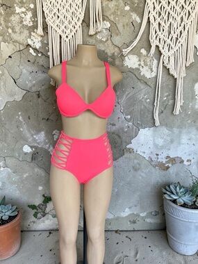PINK Victoria’s Secret Neon Pink High-Waisted Bikini & Push-Up Swim Top Set